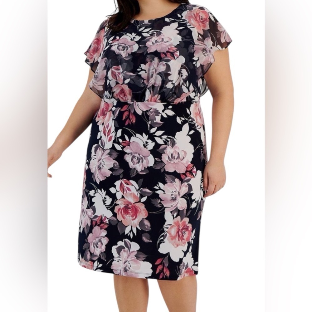 Connected Apparel Black Floral Flutter Sleeve Sheath Dress Size 22W